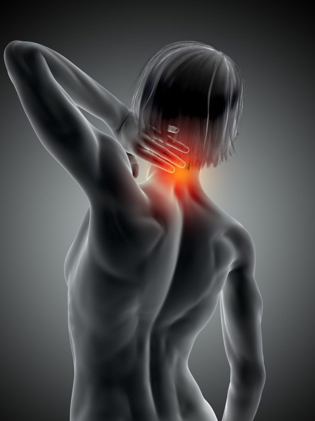3D medical image with female holding neck in pain